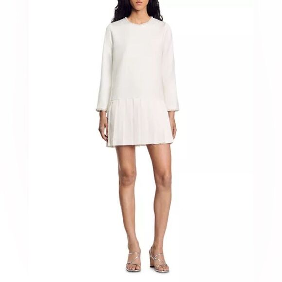 Sandro Princesse white pleated mini silk Dress NWT SIZE 42/ us 10 - Picture 1 of 9